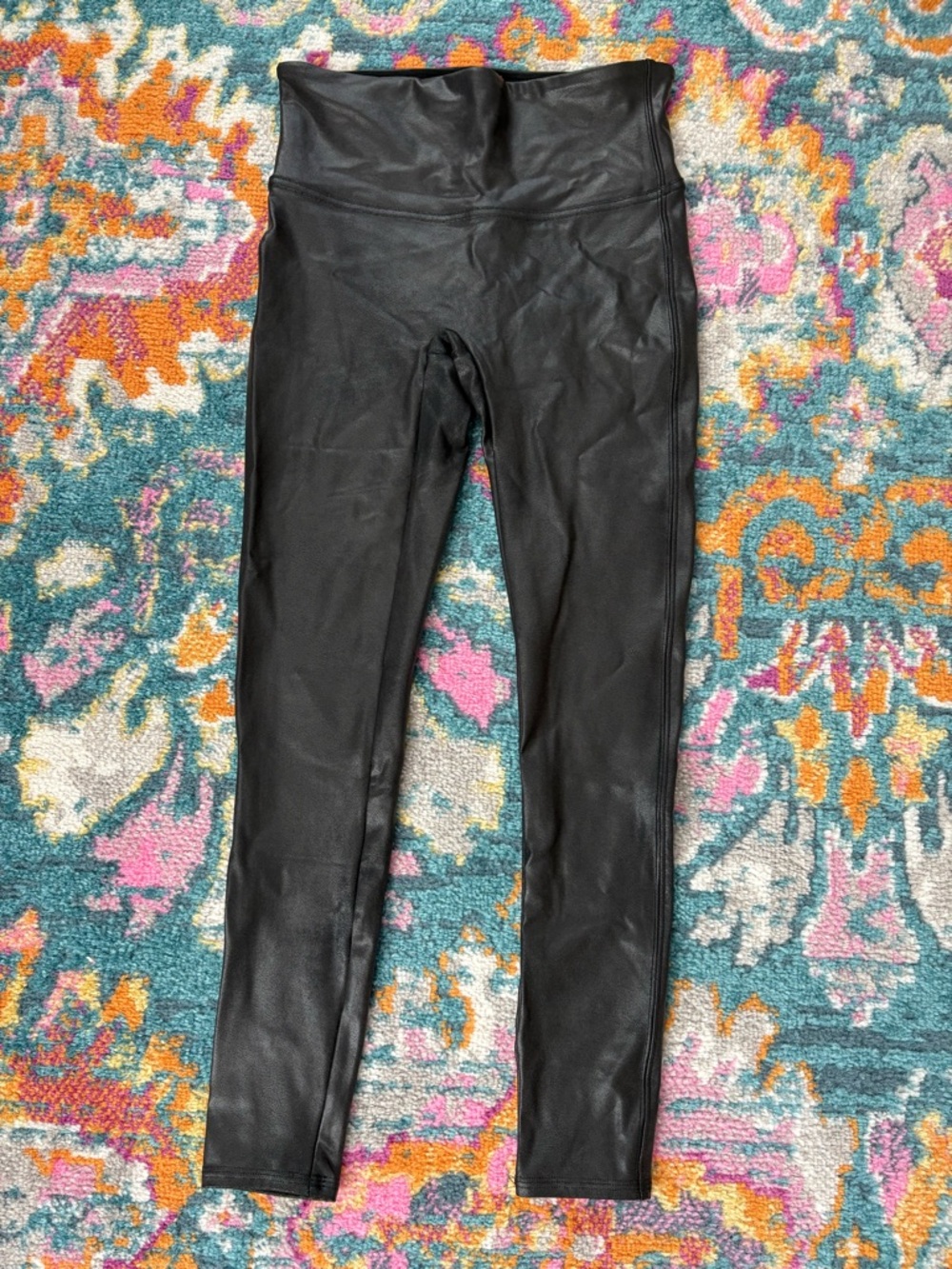 SPANX Black Faux-Leather Leggings with Red Brand Tag